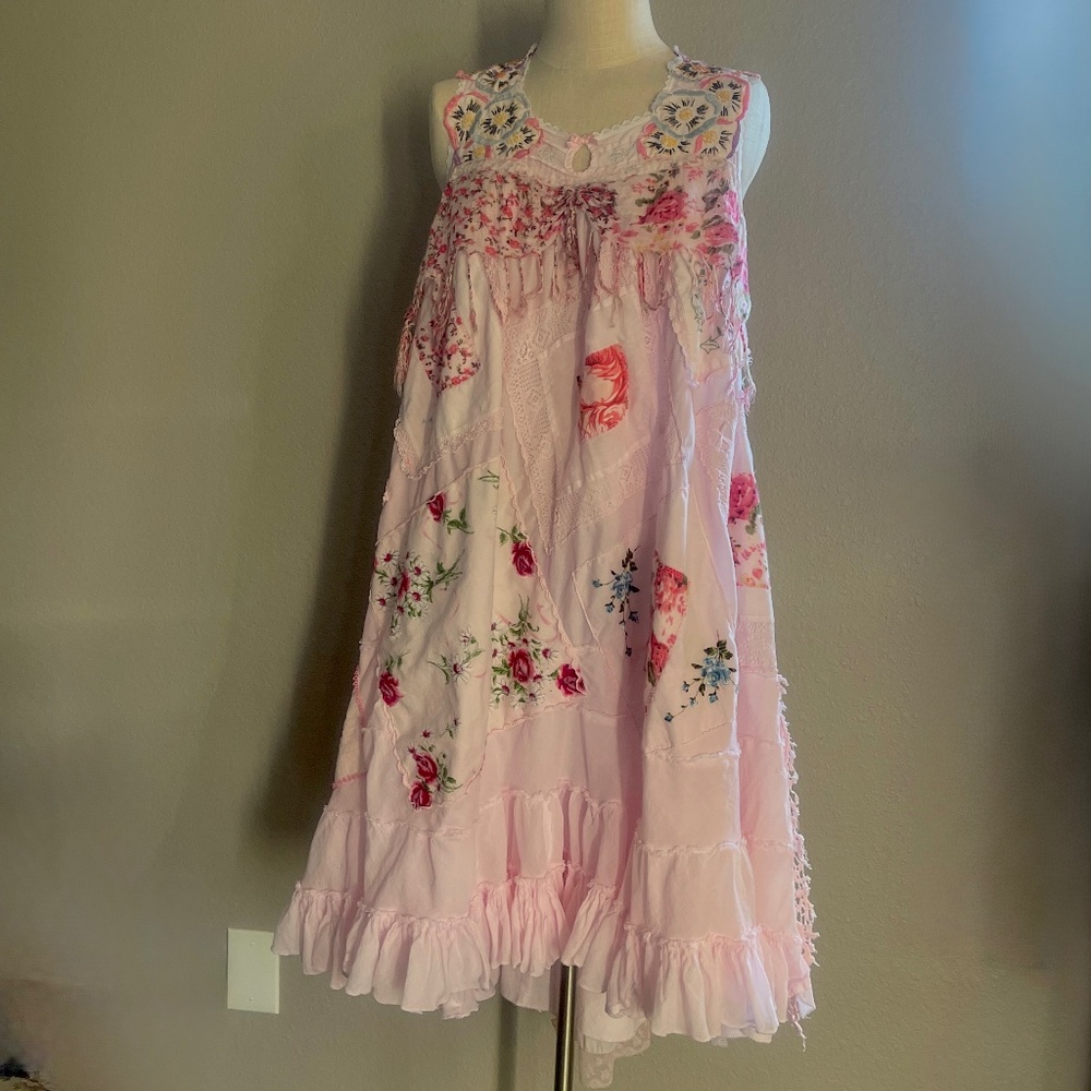Pink Upcycled Boho Shabby Chic High Low  Dress with  Ruffles & Appliqués, Size M